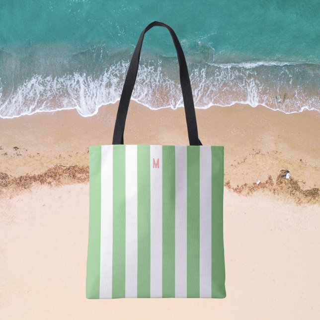 Green Cabana Stripe & Personalized Pink Monogram Tote Bag (Creator Uploaded)
