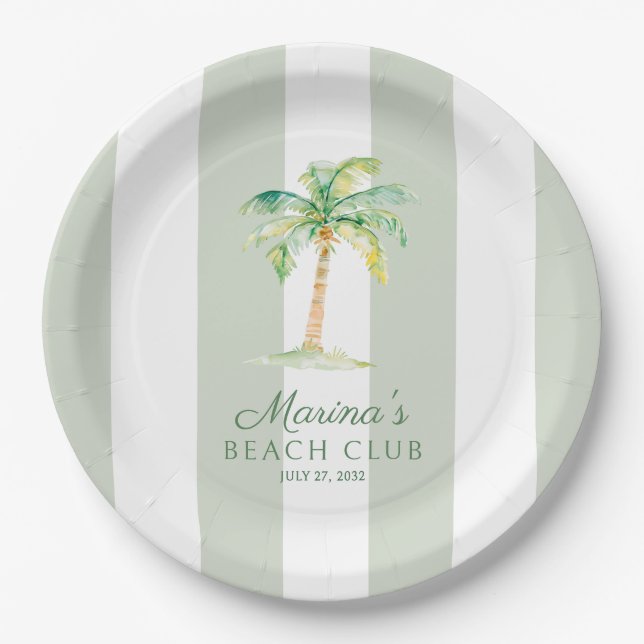 Green Cabana Stripes Palm Beach Club Birthday Paper Plates (Front)