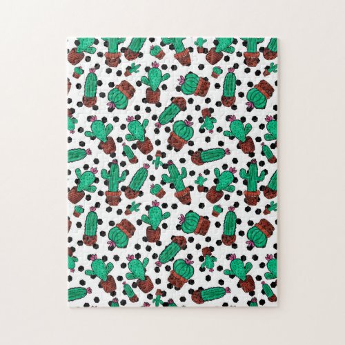 Green Cactus Floral Hexagon Pattern Watercolor Jigsaw Puzzle