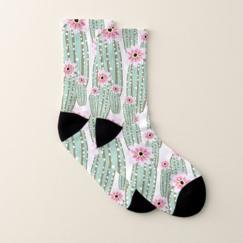 green cactus flower pattern socks