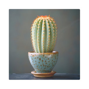 Green Cactus in a Teal Ceramic Pot Photography Metal Print