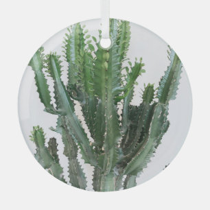 Green Cactus: Minimalist White Background Glass Ornament