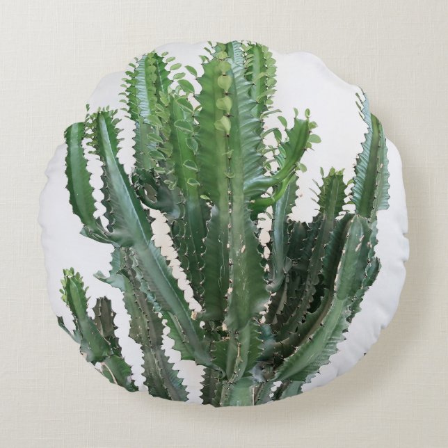 Green Cactus: Minimalist White Background Round Pillow (Front)