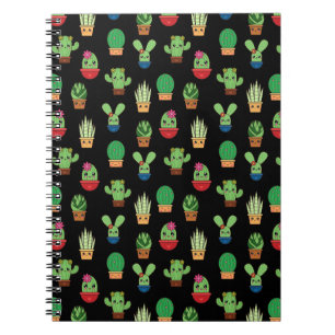 Green Cactus on Black Background - Spiral Bound Notebook