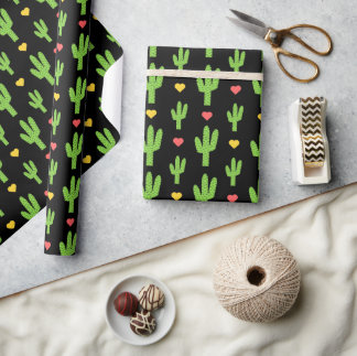 green cactus on black background wrapping paper