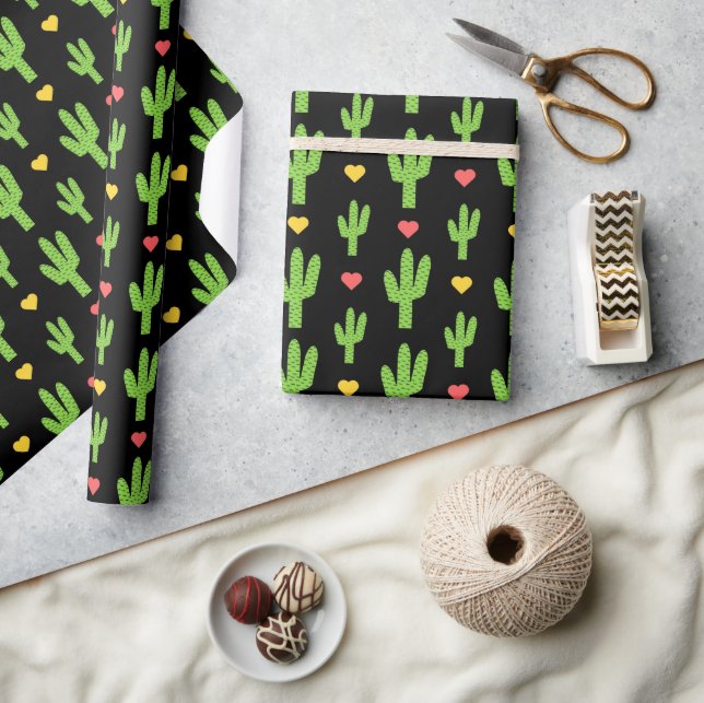 green cactus on black background wrapping paper (Crafts)