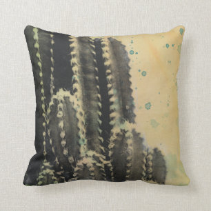 Green Cactus on Yellow Background Throw Pillow