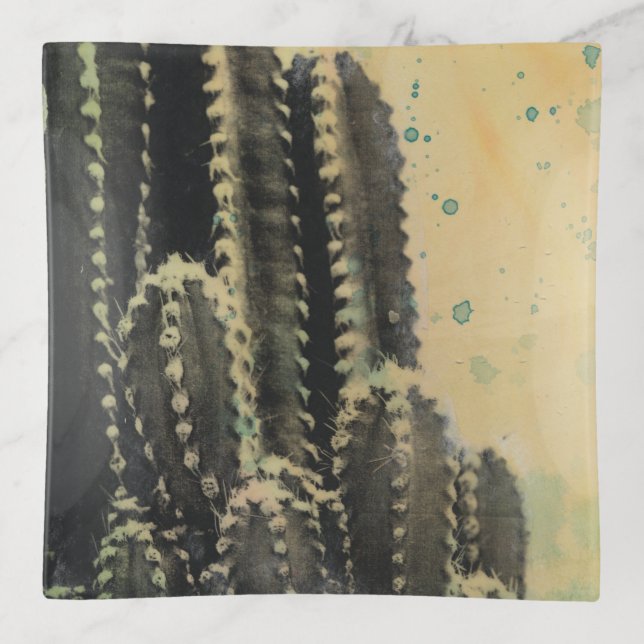 Green Cactus on Yellow Background Trinket Tray (Front)