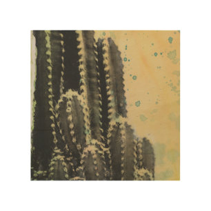 Green Cactus on Yellow Background Wood Wall Art