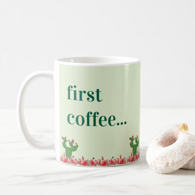 Green Cactus Orange Flower Floral First Coffee Mug (With Donut)
