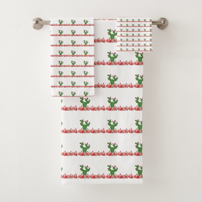 Green Cactus Orange Flowers Bathroom Towel Sets (Insitu)