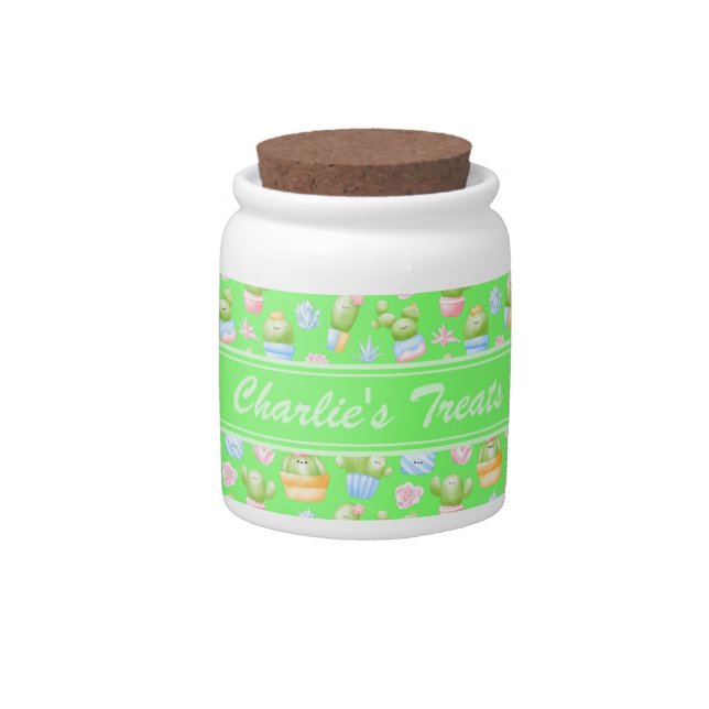 Green Cactus Pattern Personalized Dog Treat Jar (Front)