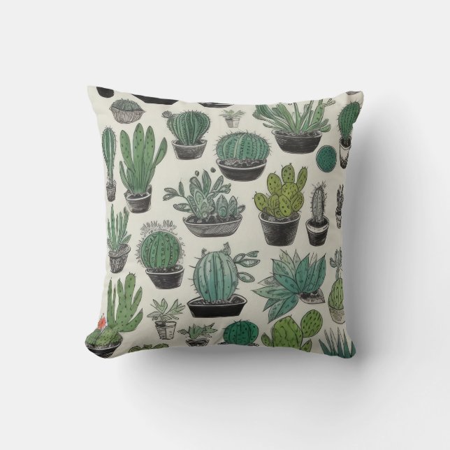 Green Cactus Pattern Throw Pillow (Front)
