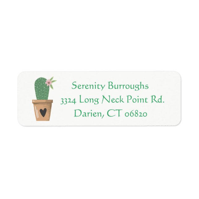 Green Cactus Pink Flower Brown Love Heart Label (Front)
