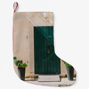 GREEN CACTUS PLANT NEAR GREEN DOOR SMALL CHRISTMAS STOCKING