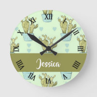 Green cactus pot plant pattern round clock