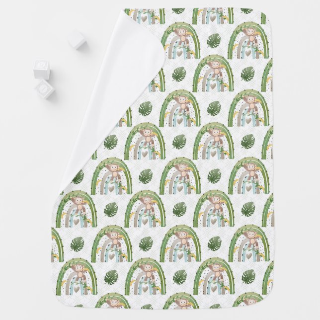 Green Cactus Rainbow Baby Monkies Baby Blanket (In Situ)