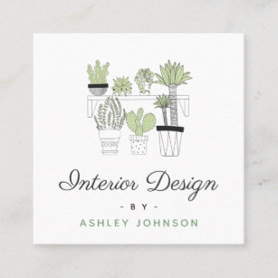 Green Cactus Succulent House Plant Interior Design Square Business Card