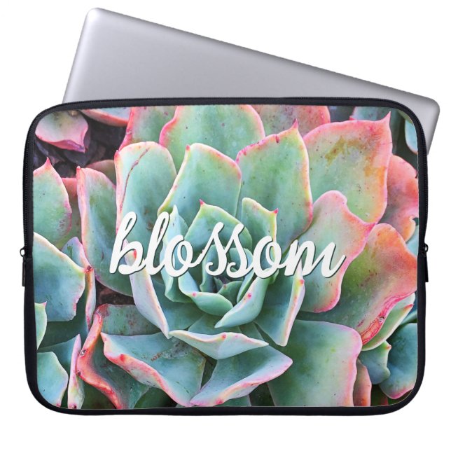 Green Cactus Succulent Photography Blossom Script Laptop Sleeve (Front)