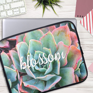Green Cactus Succulent Photography Blossom Script Laptop Sleeve