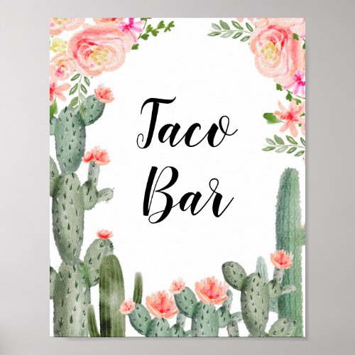 Green Cactus Taco Bar Bridal Shower Pink Floral Poster