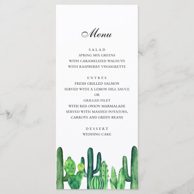 Green cactus wedding menu. Cacti dinner menu (Front)