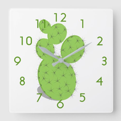 Green cactus white square wall clock