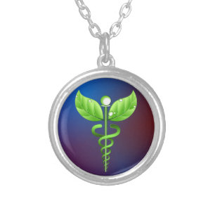 Green Caduceus Alternative Medicine Dark Blue Silver Plated Necklace