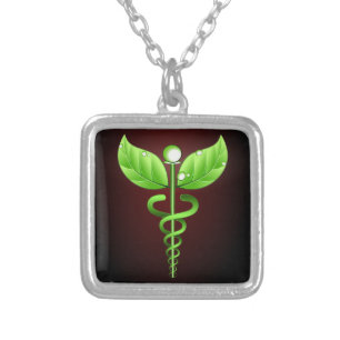 Green Caduceus Alternative Medicine Dark Red Silver Plated Necklace