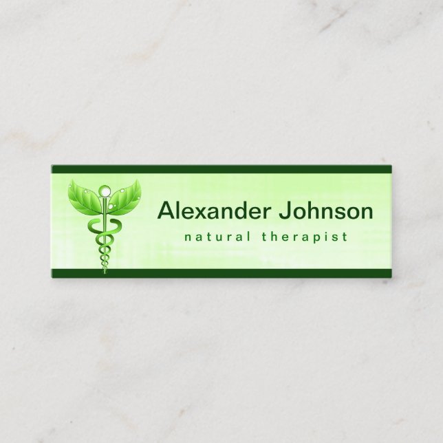 Green Caduceus Alternative Medicine Light Skinny Mini Business Card (Front)