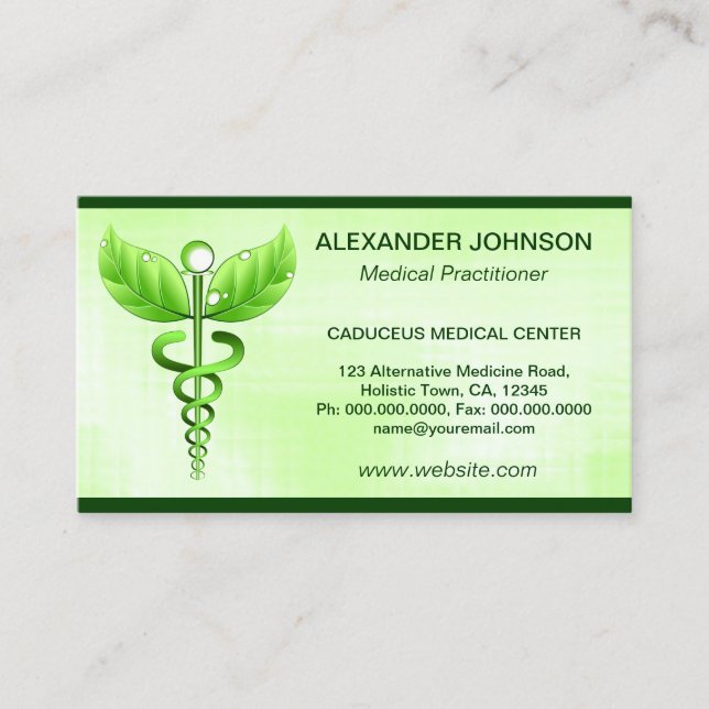 Green Caduceus Alternative Medicine Light Standard Business Card (Front)