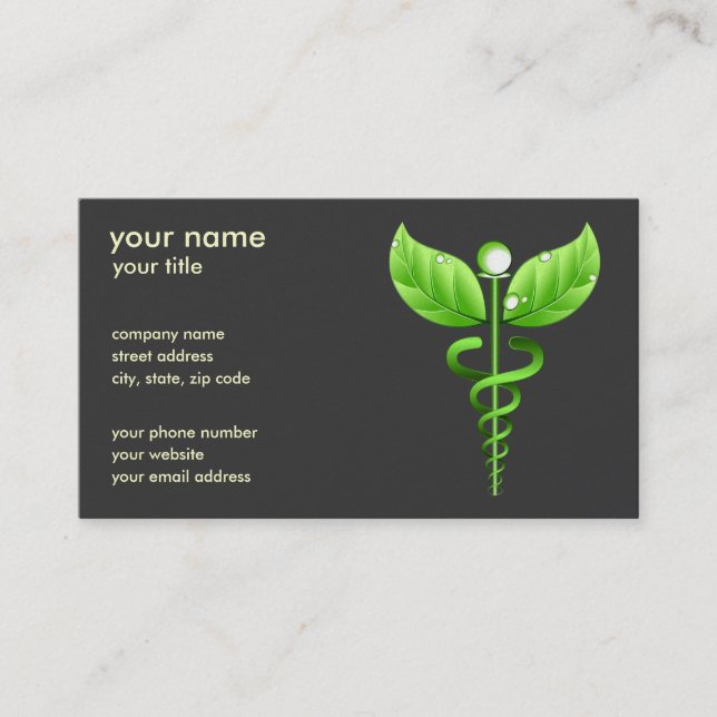 Green Caduceus Alternative Medicine Medical Symbol Business Card (Front)