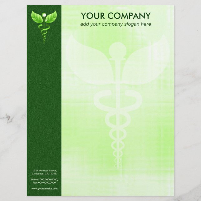 Green Caduceus Alternative Medicine Symbol Formal Letterhead (Front)