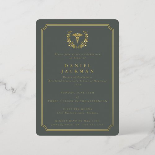 Green CaduceusLaurel Medical School Graduation Foil Invitation