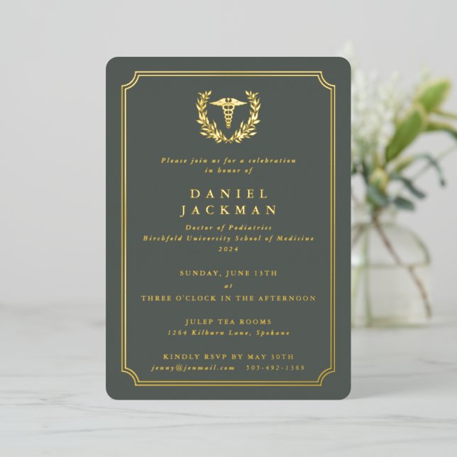 Green Caduceus+Laurel Medical School Graduation Foil Invitation (Standing Front)