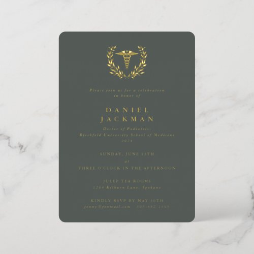 Green Caduceus  Laurel Medical School Graduation Foil Invitation