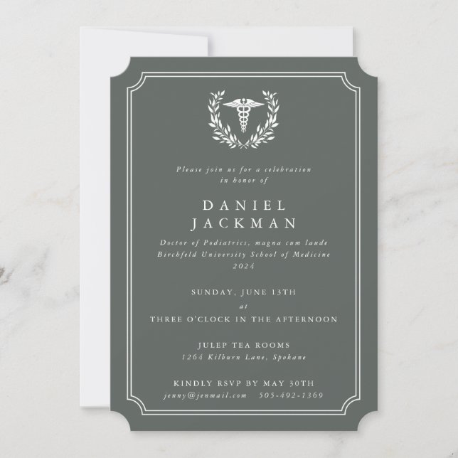 Green Caduceus+Laurel Medical School Graduation Invitation (Front)
