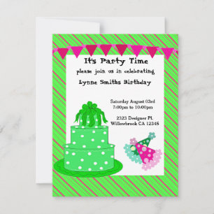 Green Cake and Party Hats Birthday Invitation