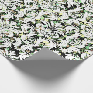 Green Cali Mint White Metallic Damask Sequin Wrapping Paper