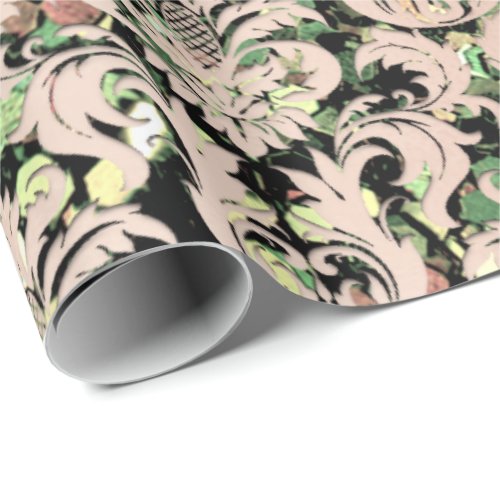 Green Cali  Pink Rose Metallic Damask Sequin Wrapping Paper