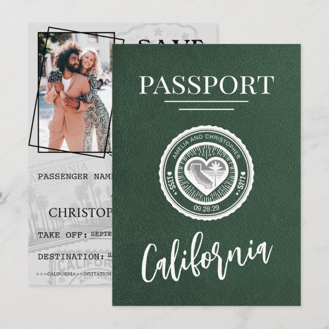 Green California Passport Save The Date (Front/Back)