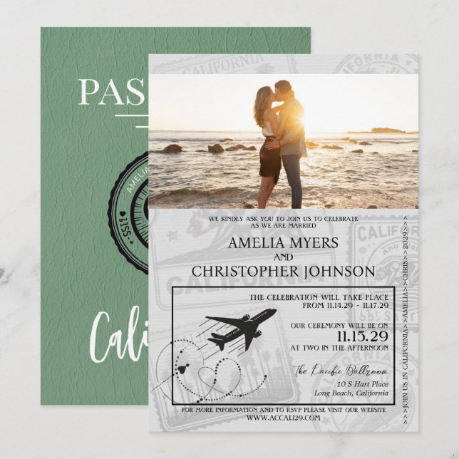 Green California Passport Wedding Invitation (Front/Back)