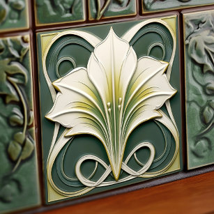 10 green Art nouveau vintage tiles. Glossy embossed border tiles. Green  floral wall decor, vintage wall art. Unused green majolica tiles -   Portugal