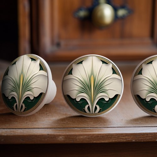 Green Calla Lily Gold Art Nouveau Ceramic Knob