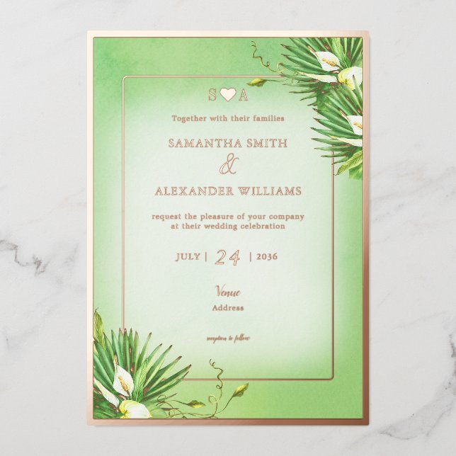 Green Calla Lily Summer Botanical Garden Wedding Foil Invitation (Front)
