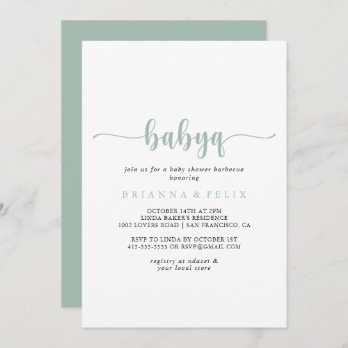Green Calligraphy BabyQ Baby Shower Barbecue Invitation