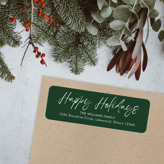 Green Calligraphy Happy Holidays Return Address Label (Creator Uploaded)
