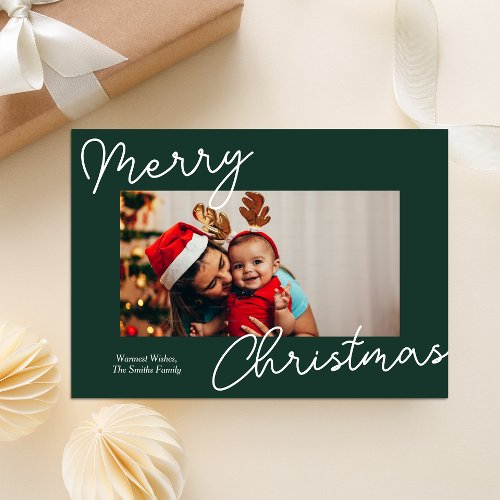 Green Calligraphy Merry Christmas Modern Photo Holiday Card