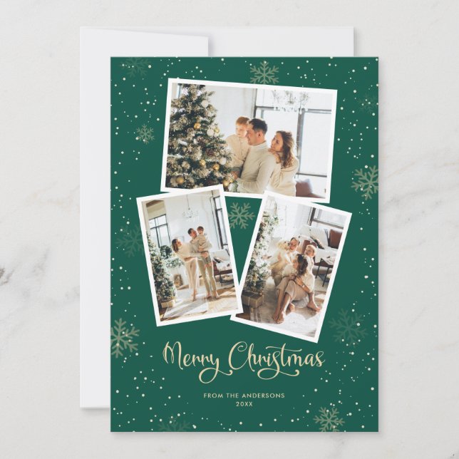 Green Calligraphy Snow Photo Merry Christmas Card (Front)
