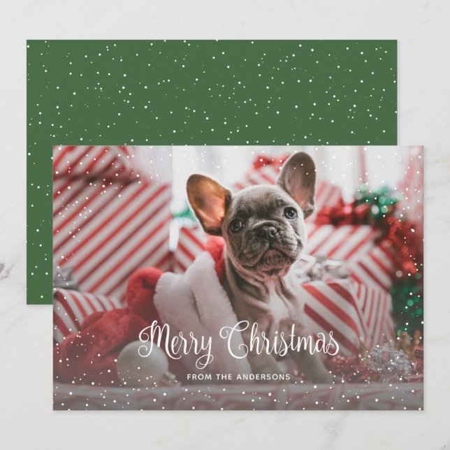 Green Calligraphy Snow Photo Merry Christmas Card (Front/Back)